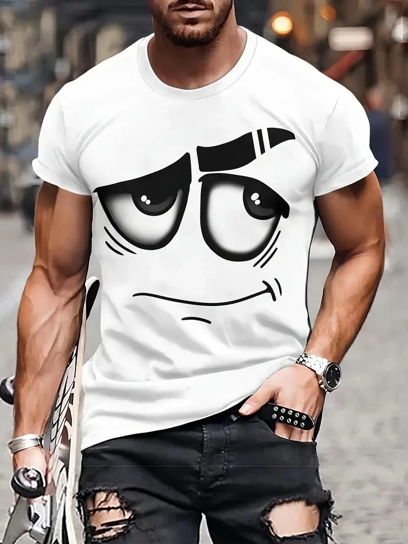 Men's White Cartoon Face Print TShirt Funny Expression Crewneck Short Sleeve Casual Streetwear Breathable Unique Tee