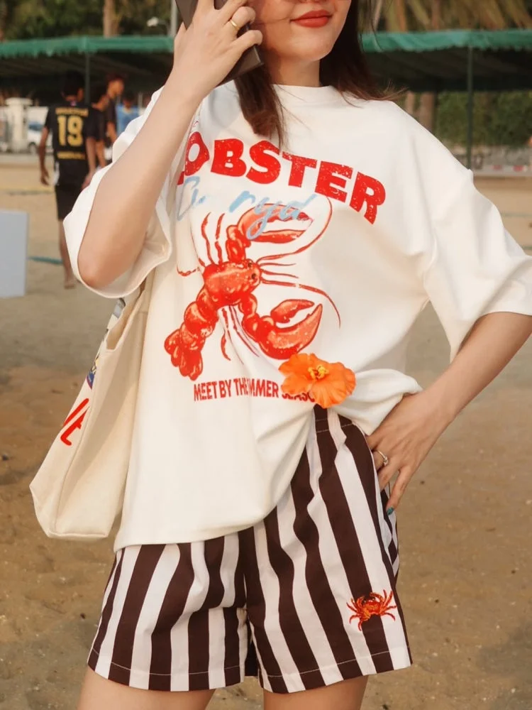 JHYF American Retro Oversize Design Lobster Print Spicy Girl Short Sleeve Women's T-shirt Street Style Cotton Summer Fashion