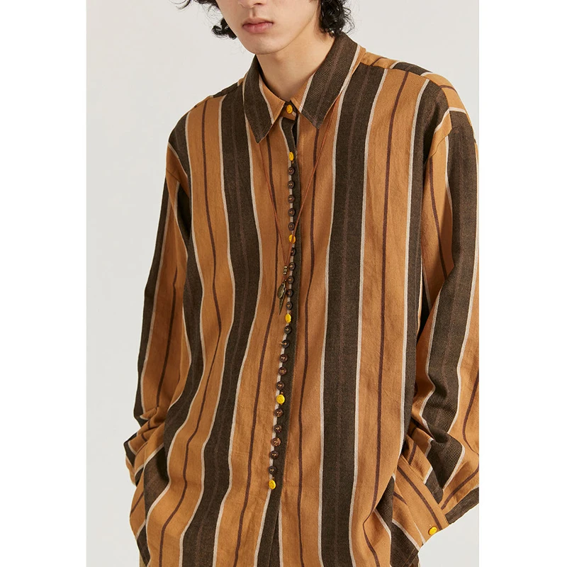 Men Trendy Japanese Style Vintage Streetwear Striped Print Button Up Shirts Y2K Youth Male Casual Long Sleeve Oversize Chic Tops
