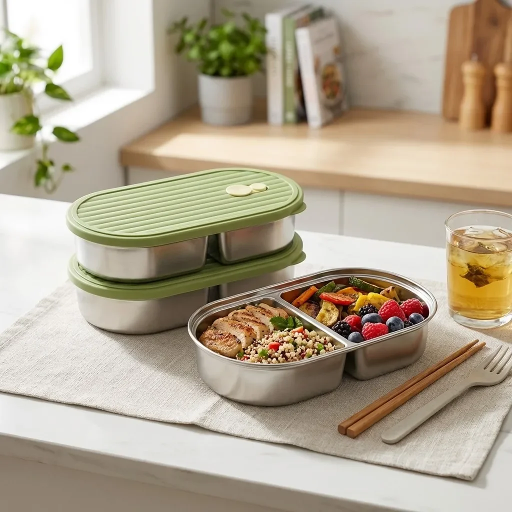 800ML Reusable Divided Food Container Microwave Heatable Portable Sealed 304 Stainless Steel Bento Lunch Box For Students School
