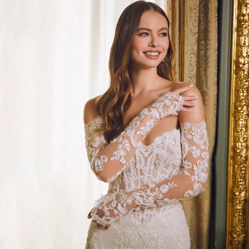 

Long Sheer Sleeves Applique Bridal Low Back Pearl Sexy Mermaid Strapless Wedding Dresses Customized