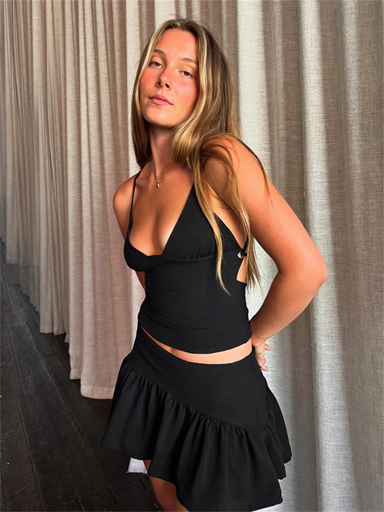 Mini Skirt White Suit Women V-Neck Tank Top Backless Lacing Pleated Lotus Leaf Slim Short Skirt Set Party Streetwear