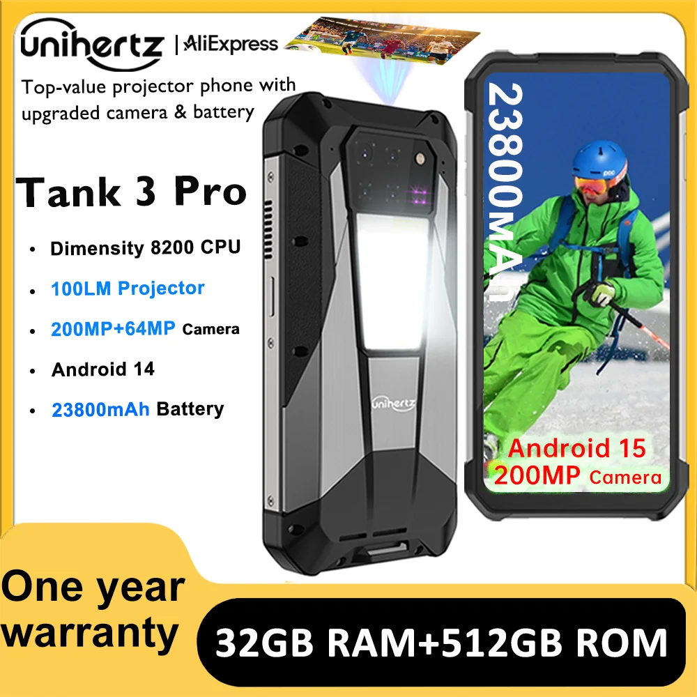 Unihertz Tank 3 Pro 8849 Rugged Smartphone android 5G with 100 Lumens Projector 32/36GB 512GB 23800mAh Waterproof 200MP phones