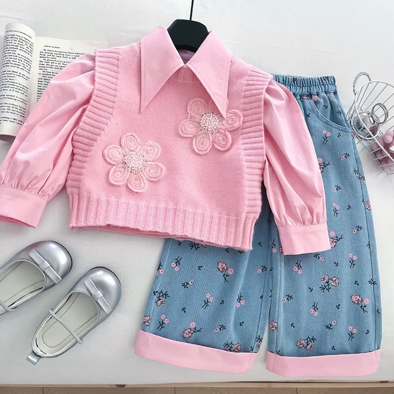 

2025 Autumn New Girl Sweet Embroidered Flower Knitted Vest and Shirt and Jeans 3-Piece Set