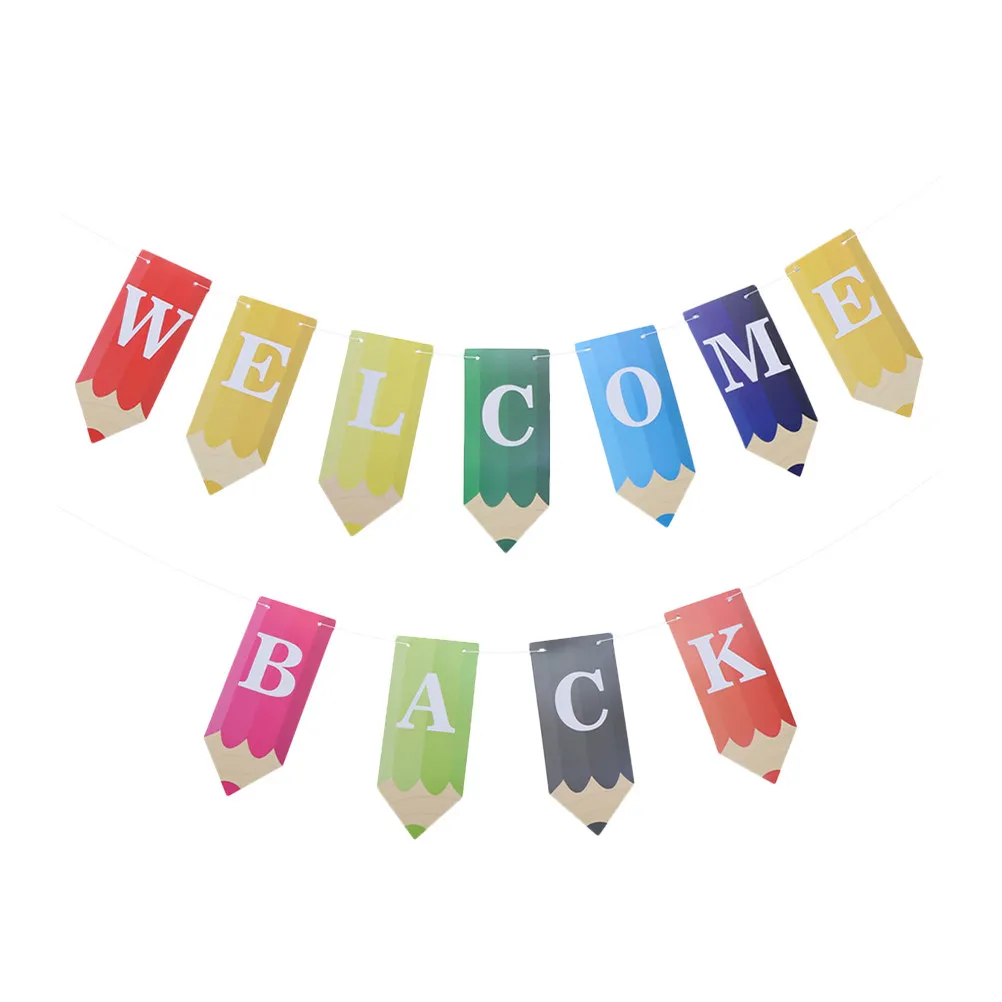 1Set Back to School Welcome Pencil Letter Banner Colorful Flag Design Classroom Party Decoration Hanging String