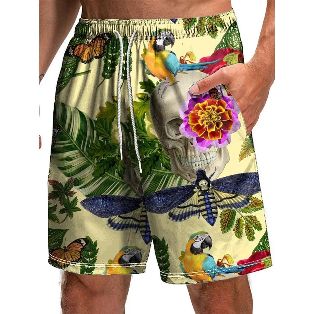 HXFashion Men\'s Shorts Hawaii Bohemia Skull Leaf Floral 3D Printed Board Shorts Polyester Casual Pockets Pants Sportswear