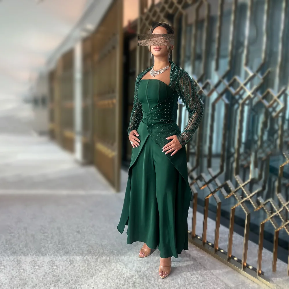 

Vintage Green Evening Dress Long Sleeves Beadings GlitterJersey Evening Gown Ankle Length A Line Jumpsuit Party Dress Customized