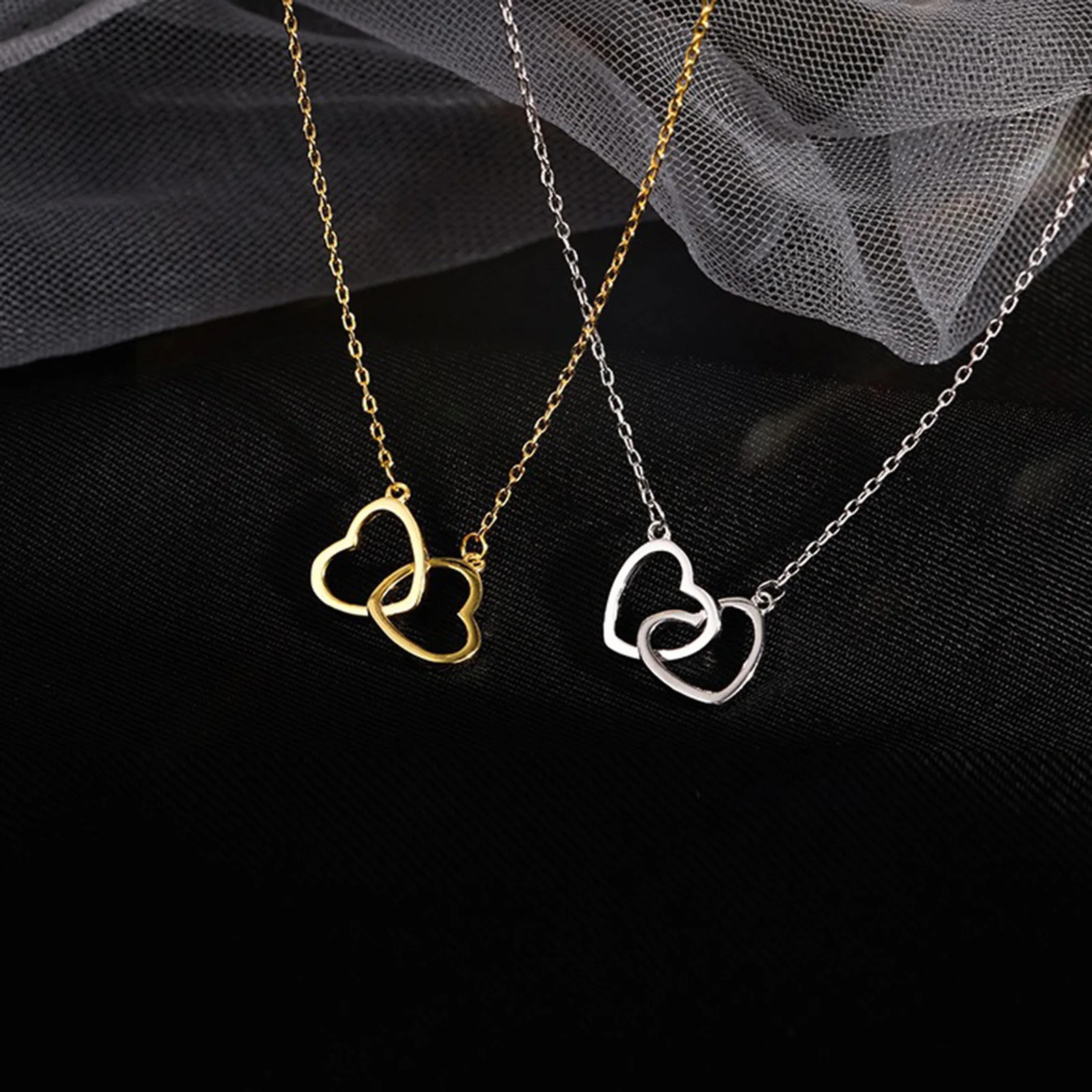 Fashion Couple Double Heart Hollow Pendant Necklace for Women Trend Long Sweater Neck Chain Necklaces Jewelry 40cm(15 6/8\