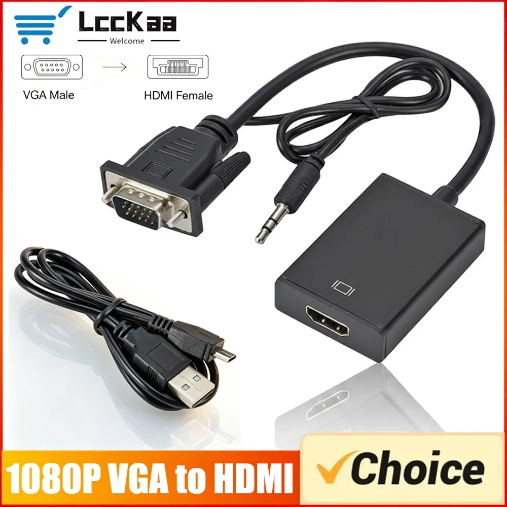 Convertidor VGA a HDMI 1080P, VGA macho a HDMI hembra con cable de audio y vídeo de 3,5mm para ordenador, portátil, TV, proyector