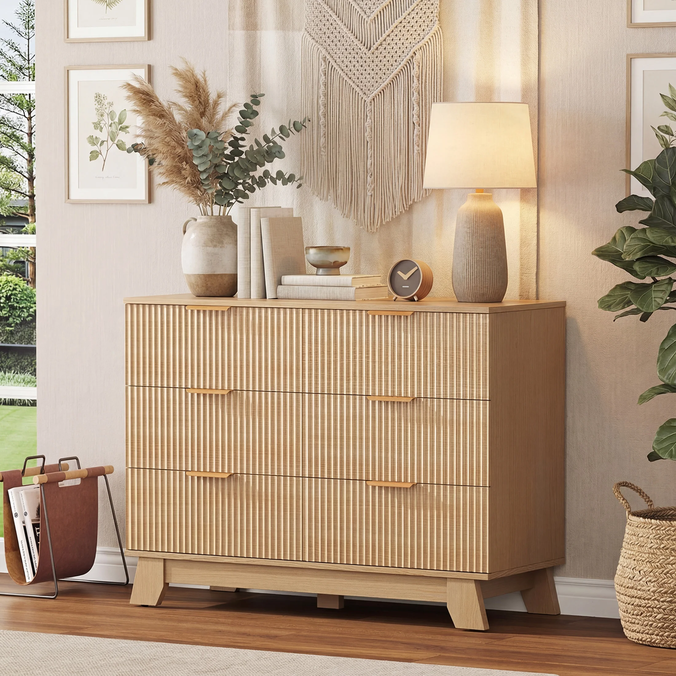 Fluted Wooden 6 Drawer Dresser Cabinet Wide Modern Chest of Drawers with Gold Metal Handles Storage Organizer Unit for