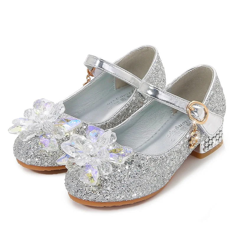 Princess Children High Heels Leather Shoes For Girls Sequin Pearl Bow Kids Crystal shoes Dance Shoes Attend A Evening Party