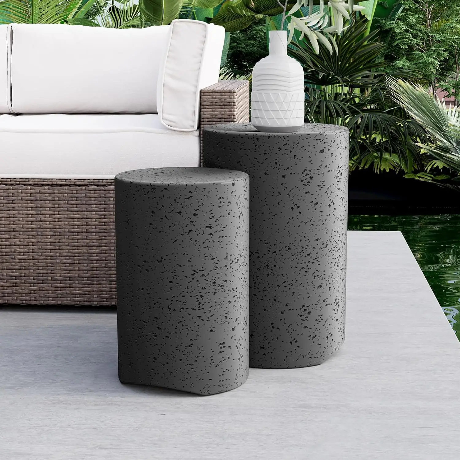 Indoor/Outdoor Concrete Dark Grey Round Side Tables Set of 2, Decorative and Nesting