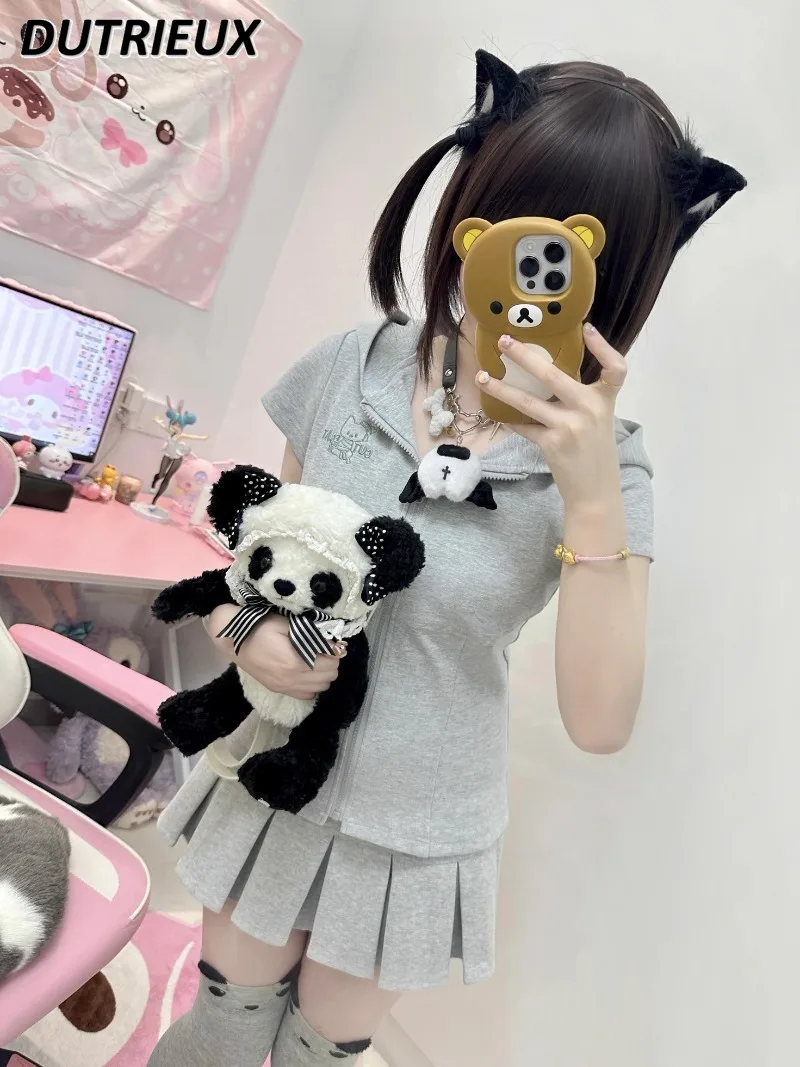 

Summer New Original Cute Bow Short-sleeved Hooded Sweatshirt Jacket Sweet Girl Versatile Pleated Short Skirt Y2k Suit Outfits