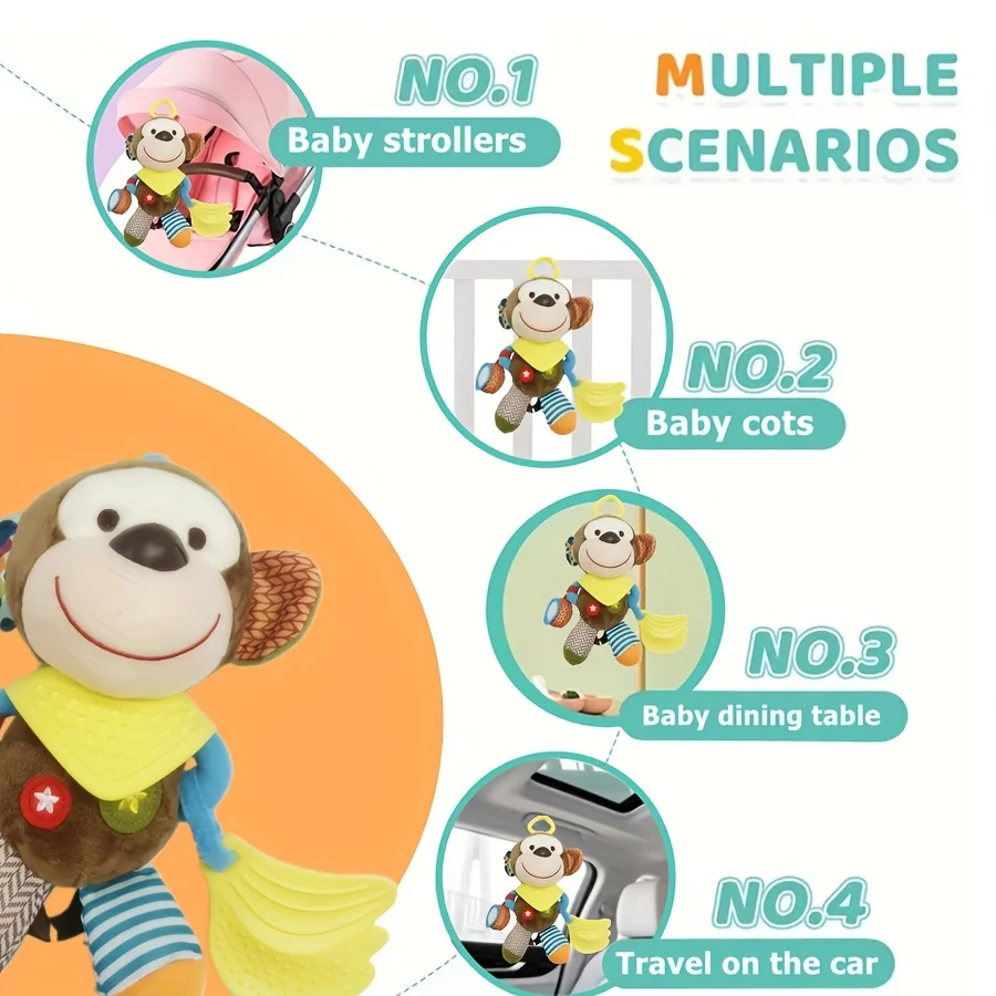1モンキーベッドハンギングドール、0～3歳向けの柔らかいぬいぐるみ動物のおもちゃ、幼児を落ち着かせるおもちゃ、誕生日に最適