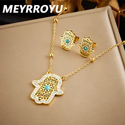 MEYRROYU 316L Stainless Steel Golden Retro Hand Necklace Earrings Suit Girl 2024 New Fashion Turquoise Jewelry Set Party Gift