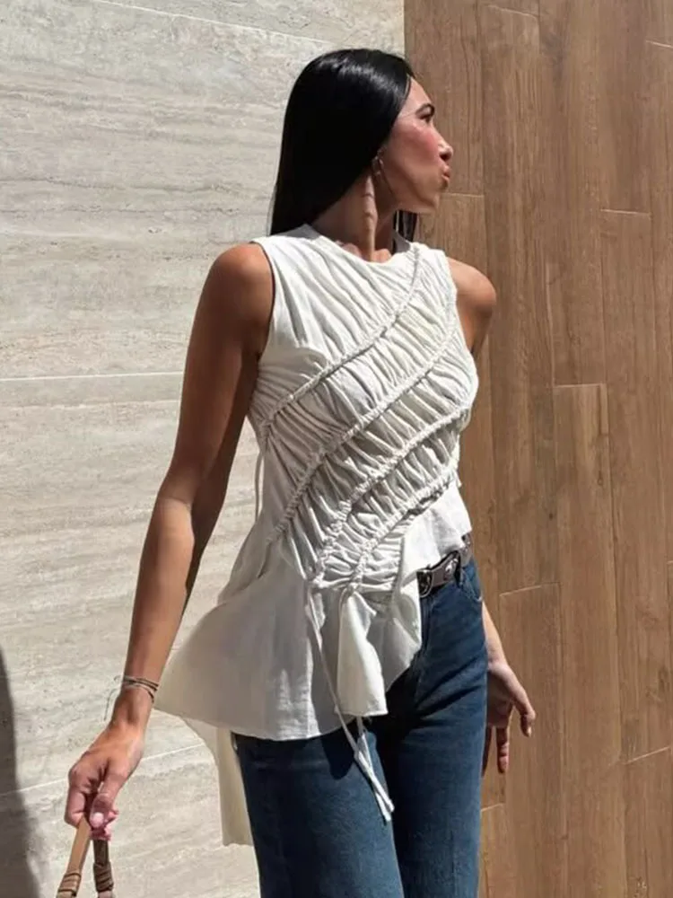 Summer Women's Asymmetrical Sleeveless Vest Elegant Drawstring Ruffle Blouse Party Streetwear Shirt