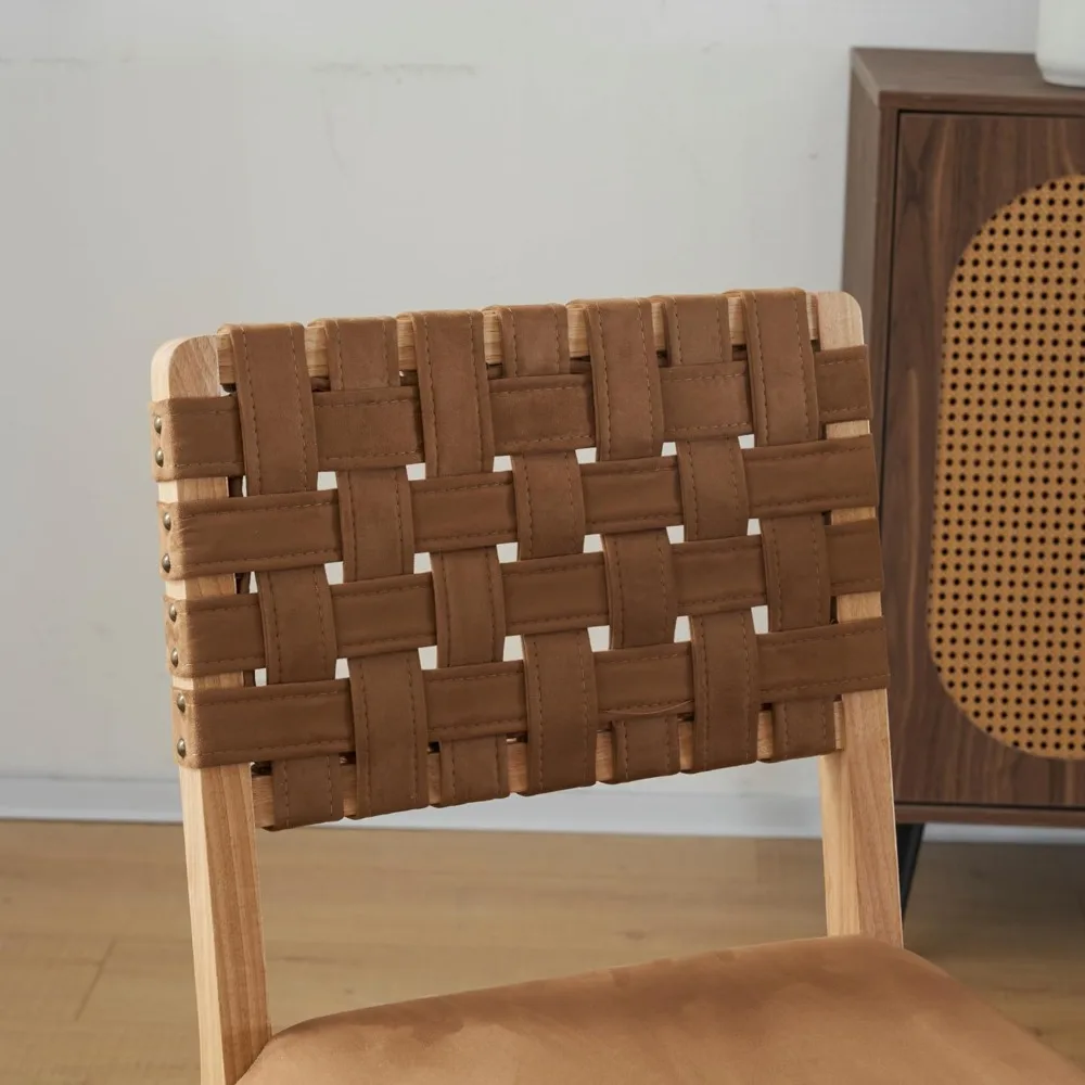 زوج من كراسي تناول الطعام الخشبية المنسوجة باللون البني العتيق، كراسي مكتب حديثة بدون ذراعين مع مسامير وأوتاد قدم، منجدة بعيدًا
