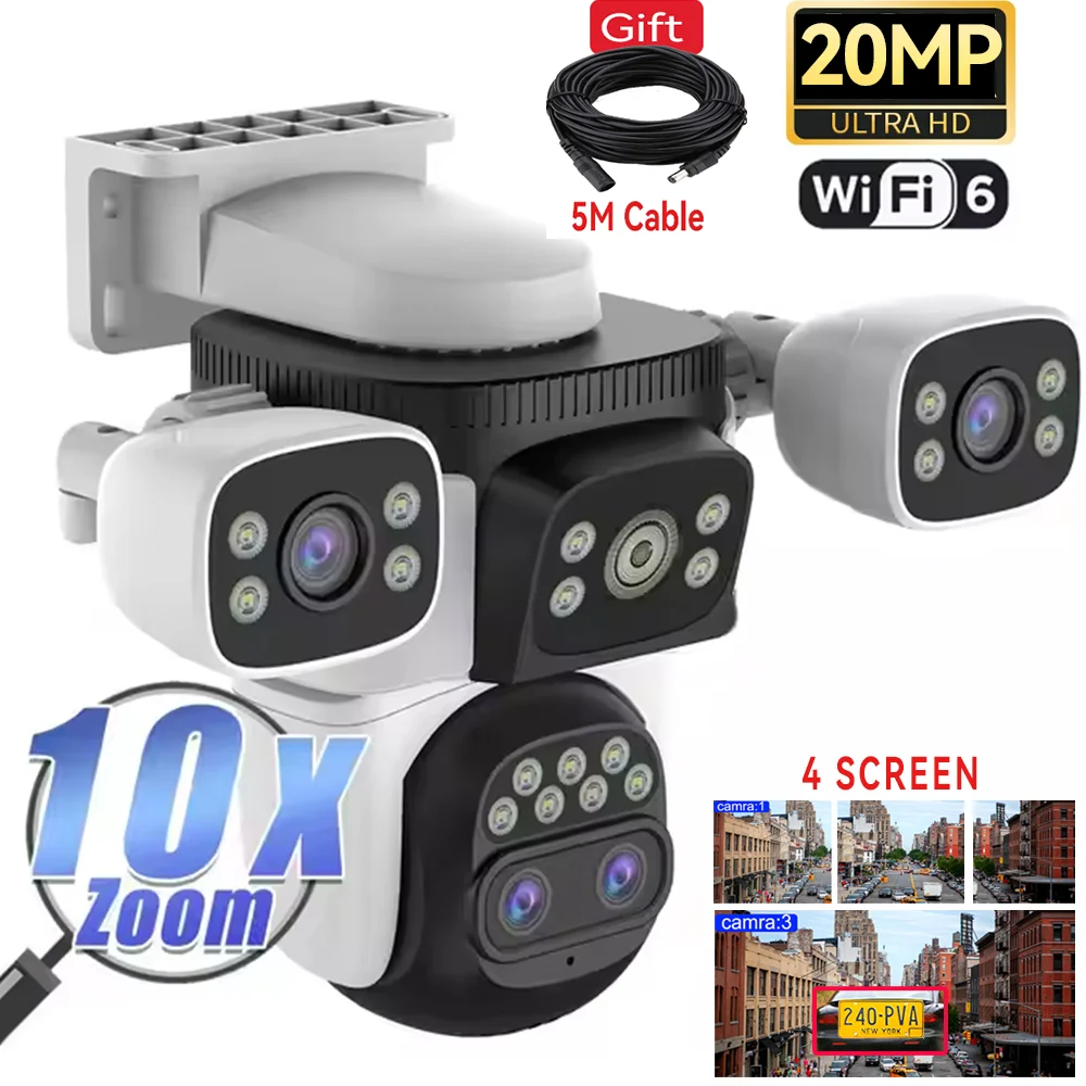 WiFi Camera 10K Four Lens 20MP Four Screens Optical 10X Zoom CCTV Video Camera Auto Tracking 360° Surveillance Security Camera