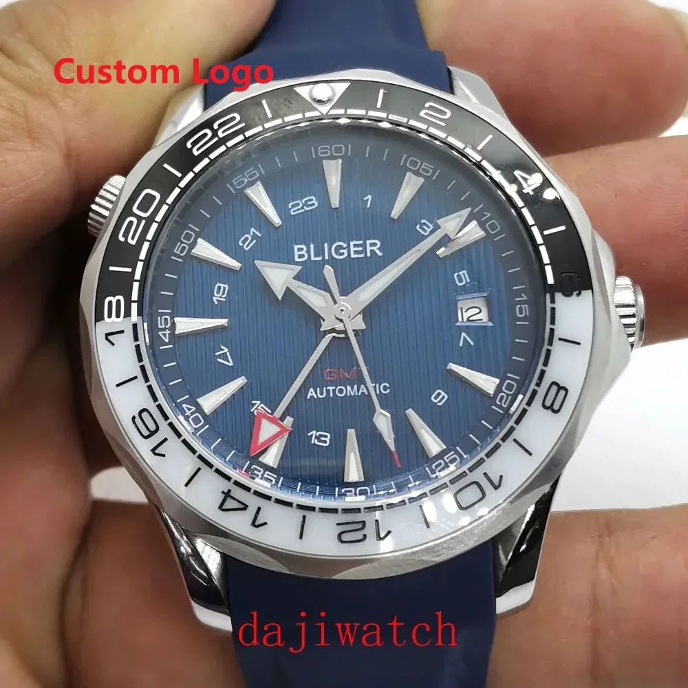 

Luxury Bliger 41mm Automatic Mechanical Watch Sapphire Glass Blue Dial Automatic GMT Date Ceramic Bezel Luminous Men's Watch