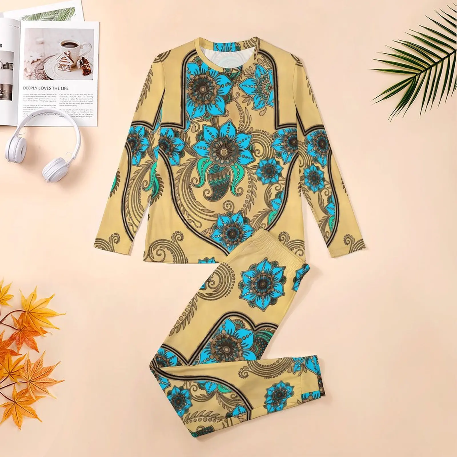 Retro Hamsa Hand Pajamas Spring Blue Floral Print Aesthetic Nightwear Men 2 Pieces Long Sleeve Lovely Oversized Pajamas Set