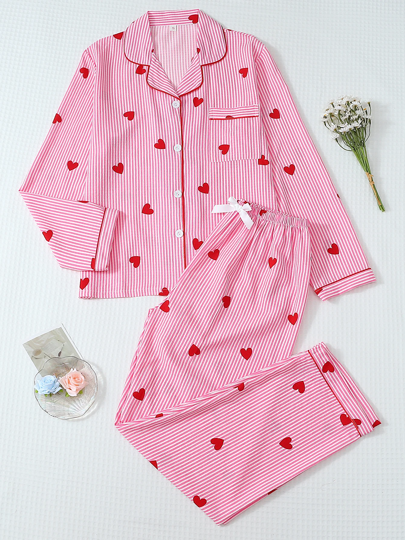 Women's Pink White Striped Heart Print Pajama Set Long Sleeve Button Up Shirt and Pants Winter Sleepwear Loungewear for Home