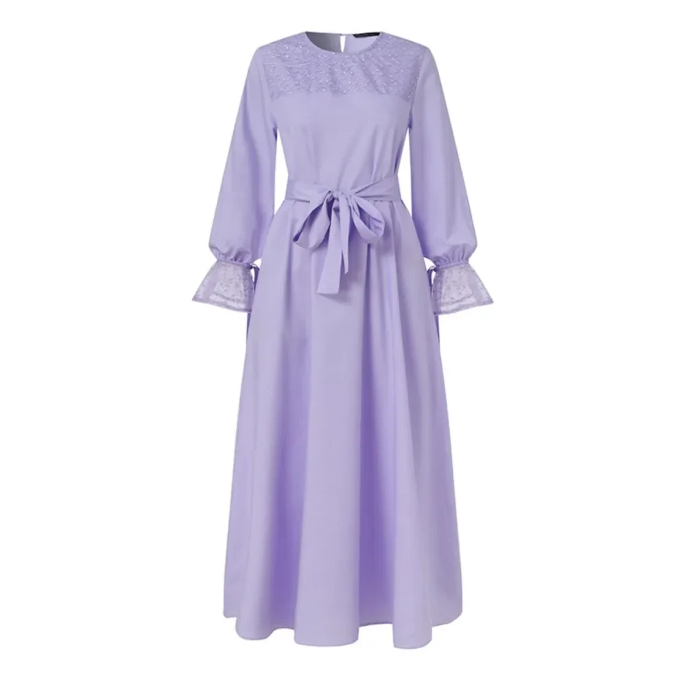 Mooie elegante effen kleur moslim damesjurk retro kant casual lange mouw o-hals losse lange jurk 2025, lentekleding gewaad