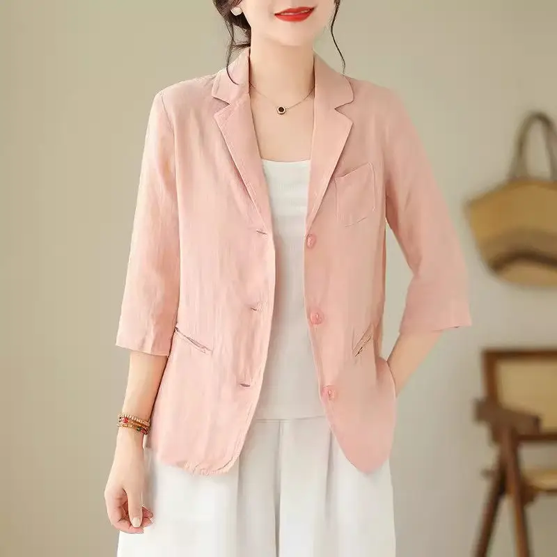 2024 Spring/Summer Jacket Blazer Retro Style 3/4 Sleeved Casual Coat Loose Art Cotton Linen Clothes Women\'s Tops K793