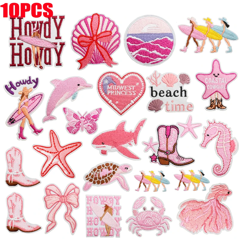 Cartoon Pink Theme/Surfing Girls Embroidery Patches Crab Turtle Dolphin Embroidered Badges Iron On Patches For Hats Jackets DIY