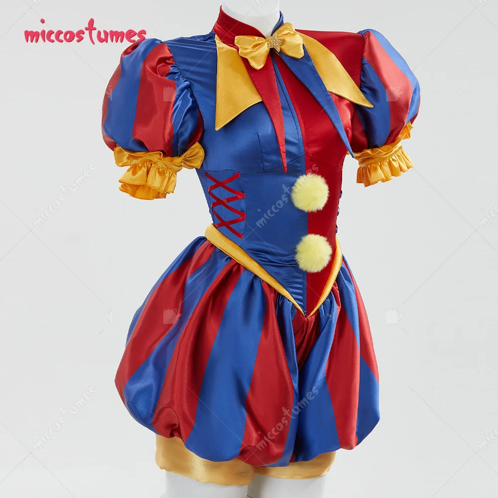 Miccostumes Women Clown Cosplay Costume Blue Red Jumpsuit and Hat with Gloves and Socks