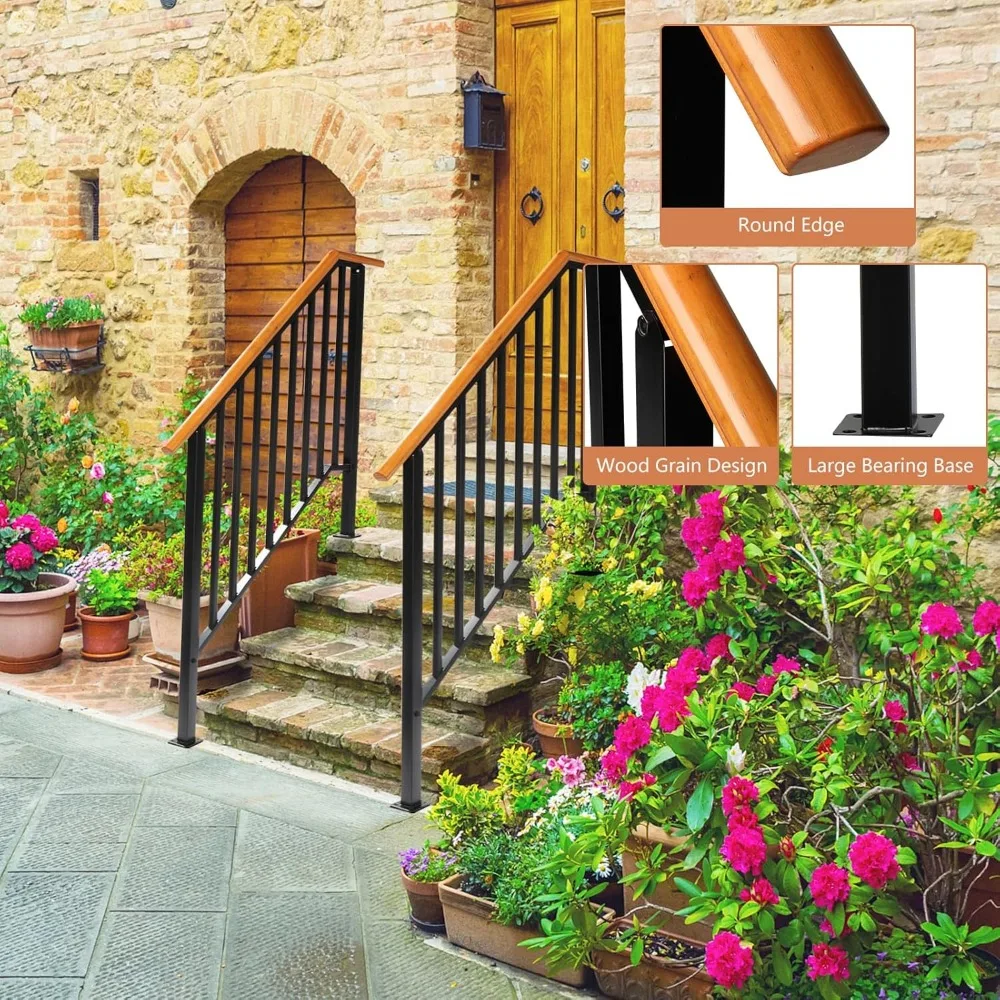 2 Pack 4 Step Handrails for Outdoor Steps, Wrought Iron Stair Railing, Metal Hand Railing with Installation Kit, Staircase Woode