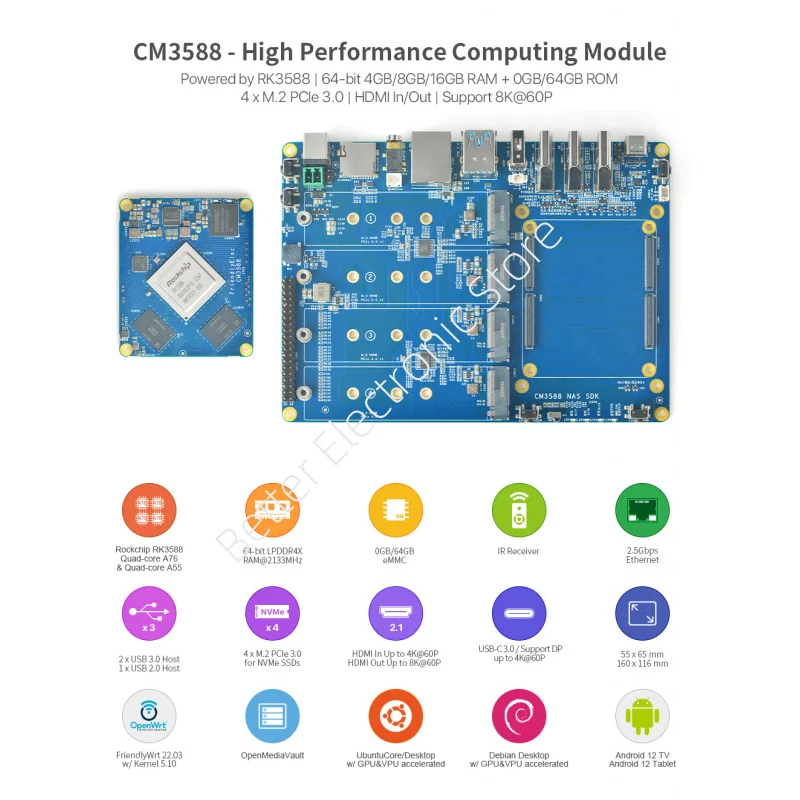 

RK3588 Development Board - CM3588 Core Module Kit with Dual 2.5G + Gigabit Ethernet, 4x PCIe 3.0 & 8K Support​