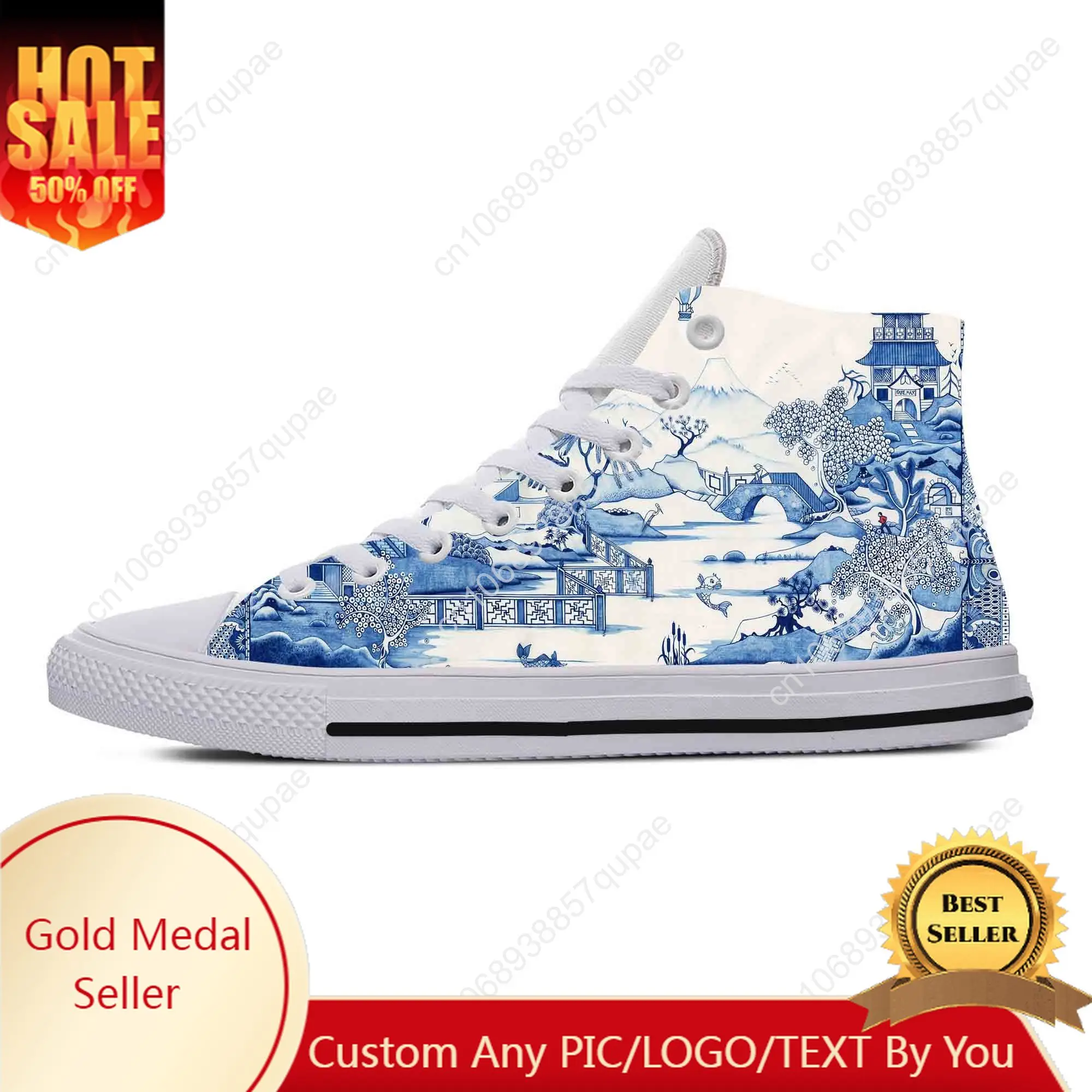 Blue White Willow Pagoda Chinoiserie Pattern Cool Casual Cloth Shoes High Top Comfortable Breathable 3D Print Men Women Sneakers