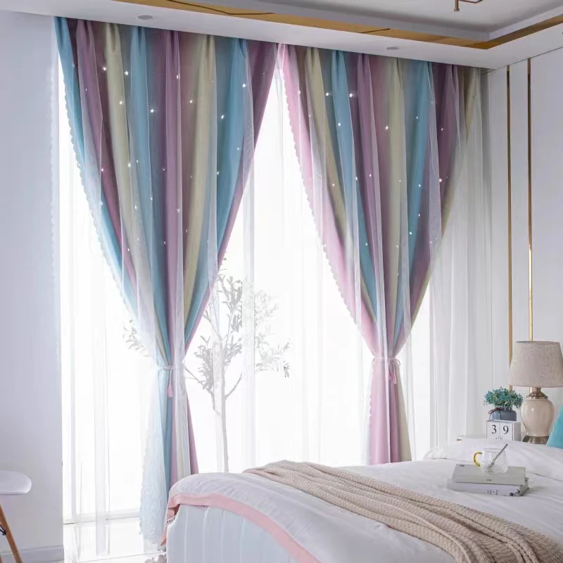 Rainbow Blackout Curtains Double Layer Star Cut Out Gradient Grommet Window Curtains for Bedroom Living Room Home Decoration