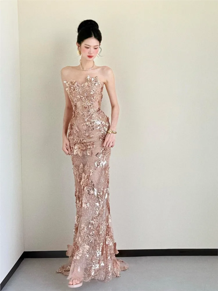 Golden strapless heavy industry toasting light luxury niche banquet host dress