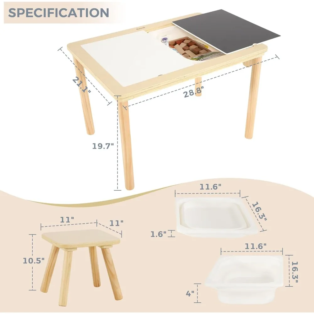 2 chairs and 1 roll of paper, multifunctional wood sand and water table with double panel and 2 foldable storage bins