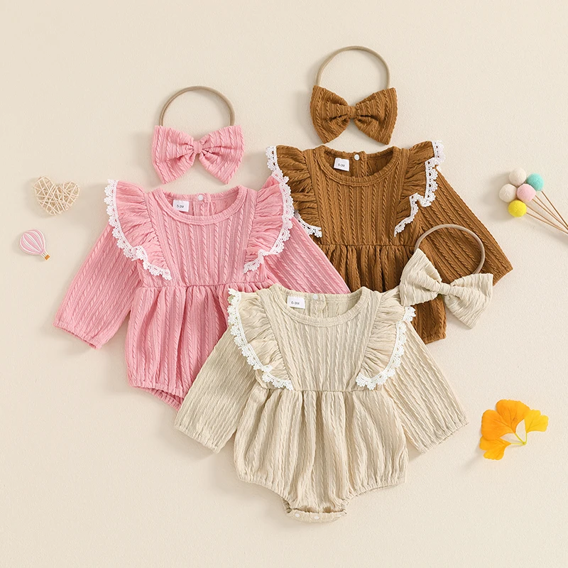 

2024-05-31 Lioraitiin Baby Girls Set Lace Ruffled Trim Ribbed Long Sleeve Round Neck Romper Bow Headband Adorable Outfits