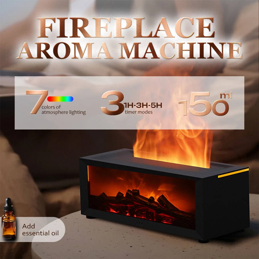 2026 New Flame Aroma Humidifier, 7 Color Fireplace Effect, 3 Timers with Remote, Quiet USB Essential Oil Diffuser for Home