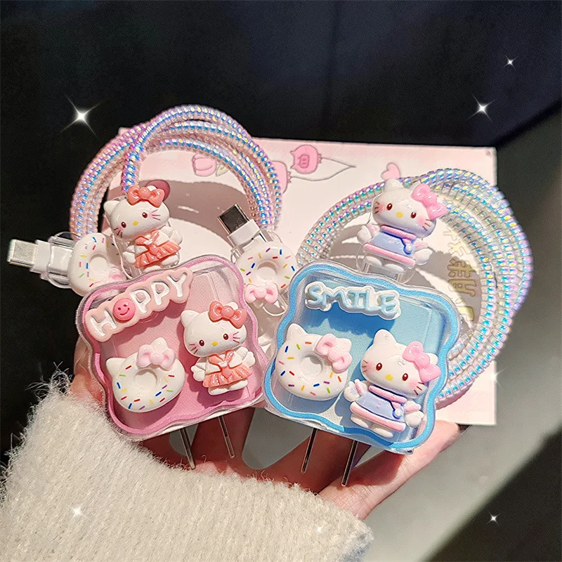 Cute Hello Kitty Charger Cable Protector Case For iPhone 15 14 11 12 18w 20w Charging Head Protective Cover Winder Accessories