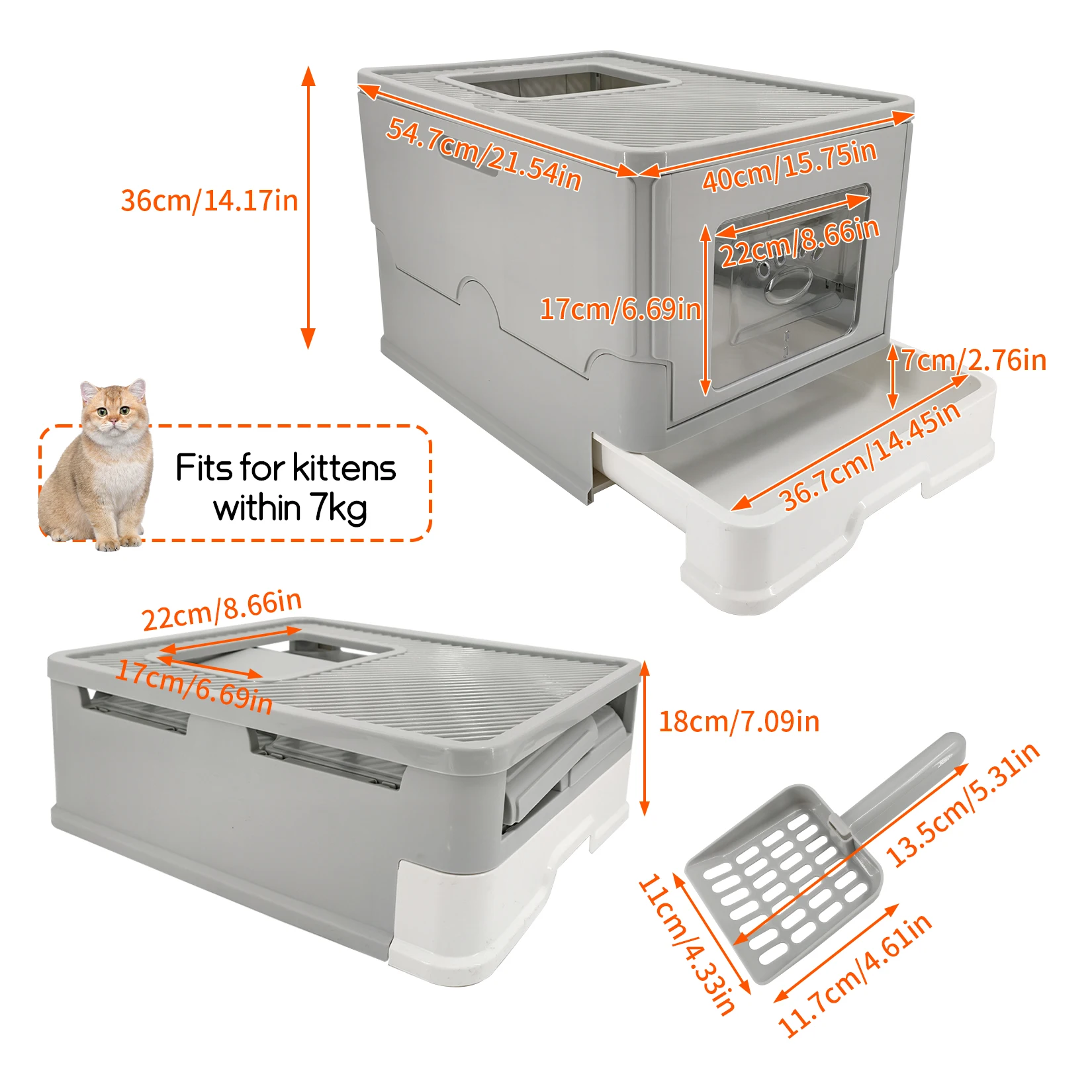 Large Cat Litter Box with Lid, Foldable Litter Box, Drawer Type Enclosed Kitty Litter Box Front Entry Top Exit Kitty Litter Box