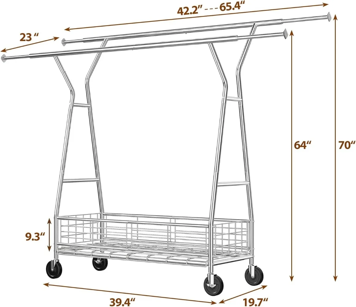 Clothes Rack Heavy Duty Rolling Clothing Rack with Wheels Load 600LBS Double Rod Clothing Racks