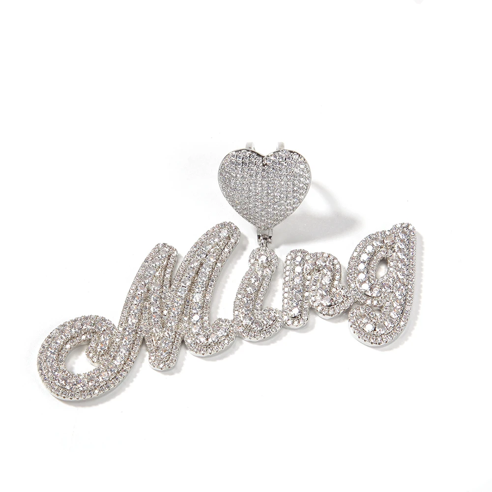 Uwin Heart Bail Brush Cursive Letter Pendant Name Necklace Pendant Micro Paved CZ Personalized Baguettes Chain Hiphop Jewelry