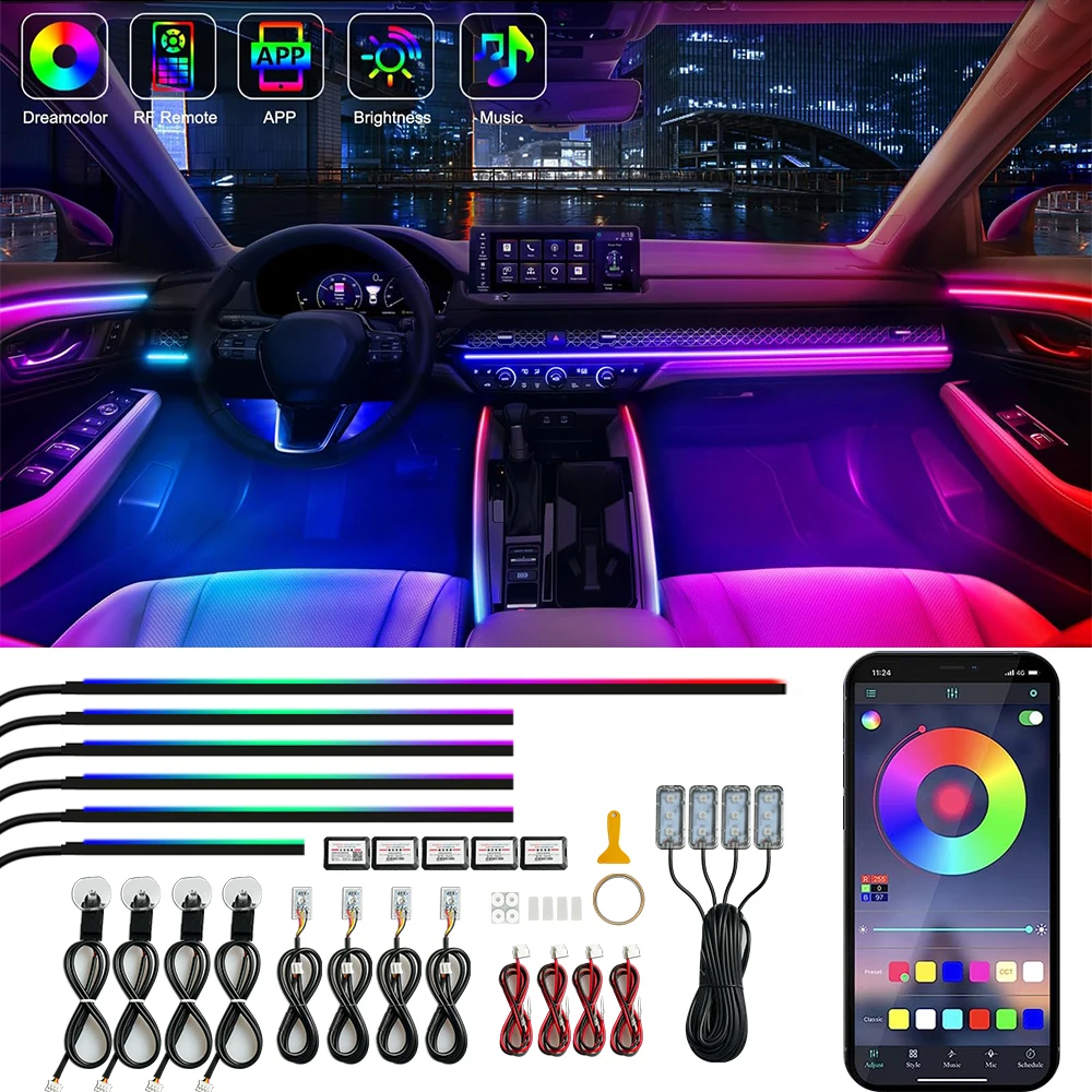 Interior Car Lights Car Accessories APP Control with Remote Music Sync Color Change RGB Under Dash Car Lighting 12V LED Lights