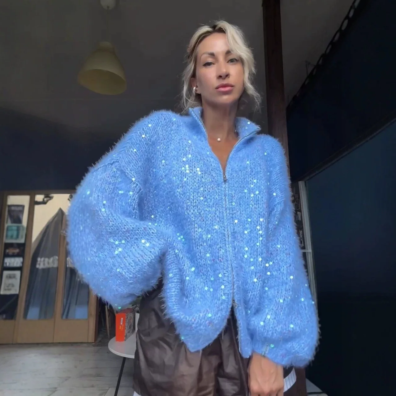 Fluffy Sequin Long Sleeve Knit Cardigan Zip‐Up Stand Collar 2026 Winter Women Fuzzy Sweater Warm Casual Lady Knit Outerwear