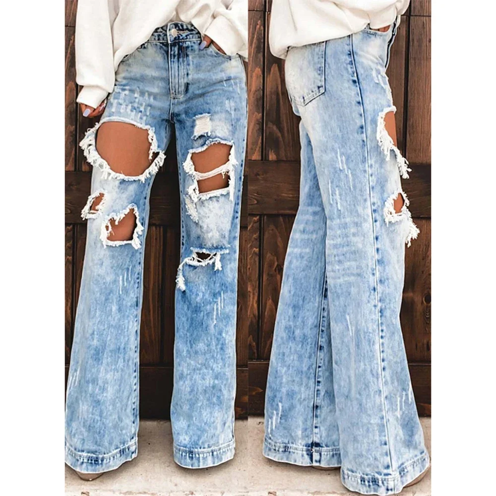 

Sexy Women's Denim Pants Ripped Holes High Waist Casual Thin Trousers Boot Cut 2021 New Fashion Loose Female Boyfriend Jeans y2k