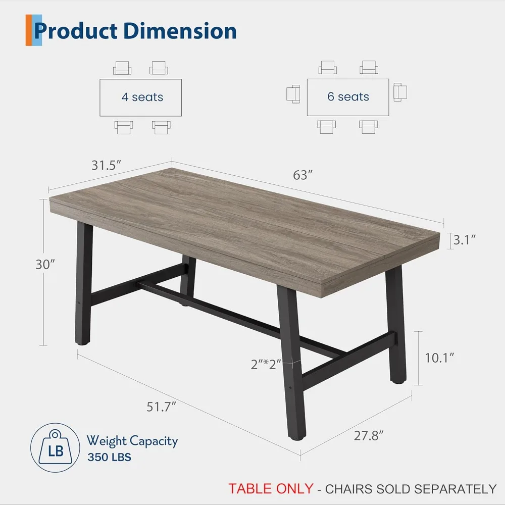 63 Inch Heavy Duty Kitchen Table, Modern Dining Table, Grey Walnut