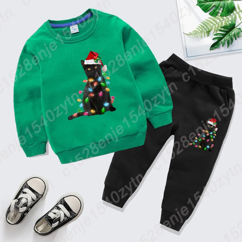 

Christmas Black Cat Christmas Light Print Sweatshirt+Trousers Cute Graphic Xmas Sweatshirts Sets For Children Boys And Girls