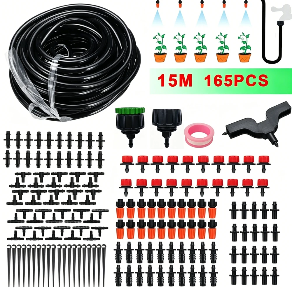 Drip Irrigation System for Garden 15M Length 1/4 inch Tubing 164 Accessories Compatible with Timers for Automation