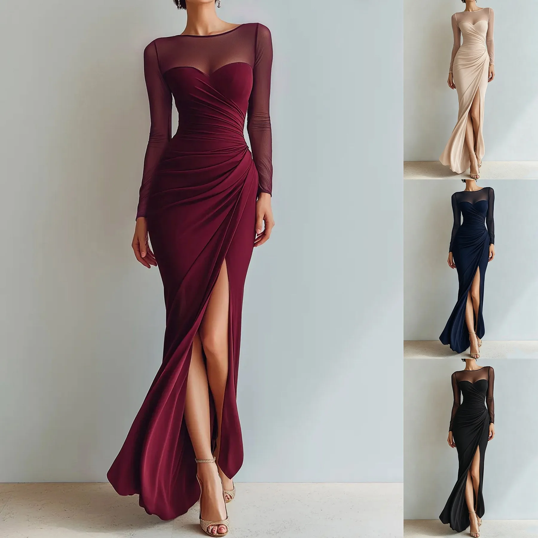 Pleated Long Sleeve Gown Bodycon Elegant with Party Dress Round Neck Maxi Length Spring High Waist Pullover Slim Fit for Women