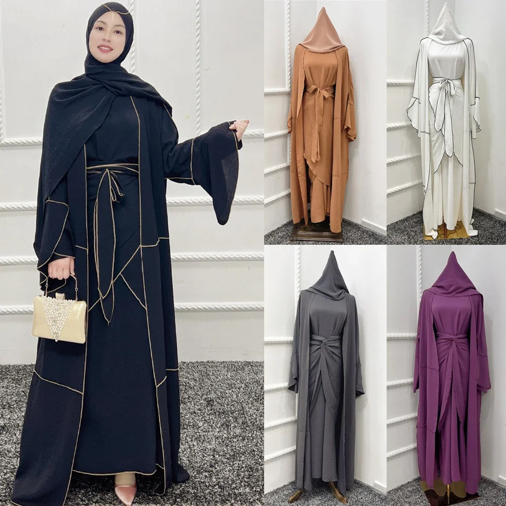 Muslim Dress 4 Pieces Muslim Suits Elegant Long Islamic Abayas Women Modest Wear Clothing Open Abaya+Inner Dress+Wrap+Scarf Suit