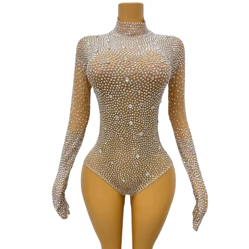 

Silver Long Sleeve Transparent Bodysuit Rhinestones Women Sexy Stage Performance Dance Costume Nightclub Dancer Party Outfit
